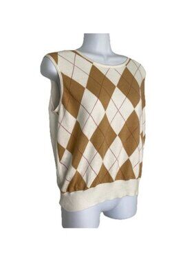 Diamond Argyle Vest M Petite SophisticateTan Brown Vintage Retro 90s Office Corp